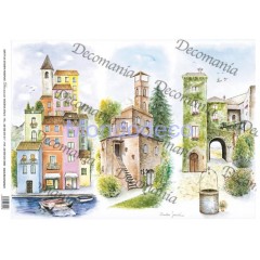 Carta di riso disegnata per decoupage con  paesaggio e squarci facciate di case grandi Serie 6, cod. 5104