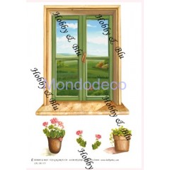 Carta per decoupage con paesaggio dalla finestra tromple d'oeil